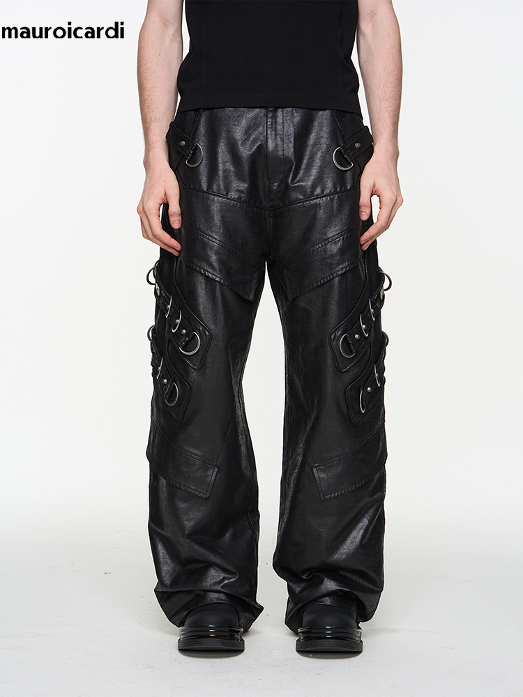 Leather Work Pants - Mauroicardi Spring Autumn Cool Handsome Long