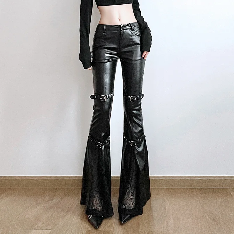 Leather Work Pants - Women's PU Leather Flare Pants, Gothic