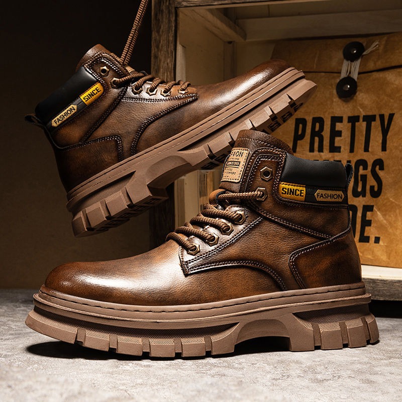 Vintage Men Platform Ankle Boo - Leather Work Boots 评论和价格