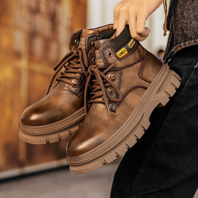 Vintage Men Platform Ankle Boo - Leather Work Boots 评论和价格