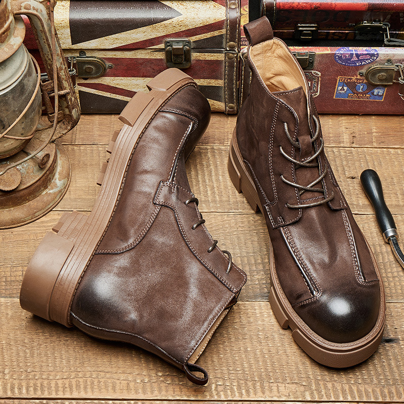 Men's British Style Combat Boo - Leather Work Boots 评论和价格
