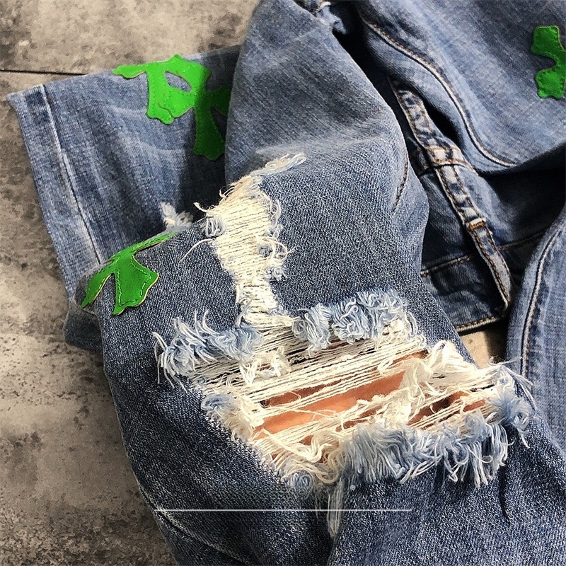 Street Sle Ripped Denim Jeans  - Leather Work Jeans 评论和价格