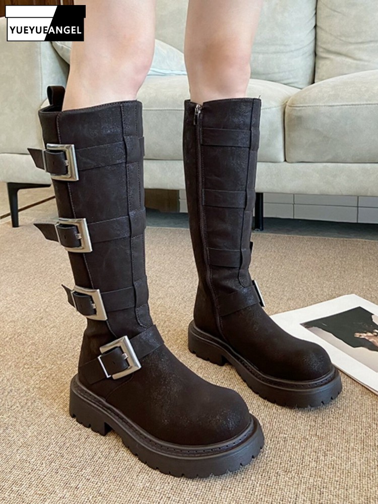 Fashion Women Multi Buckle Kne - Leather Work Boots 评论和价格