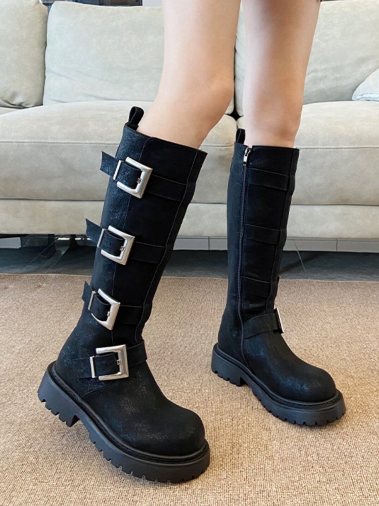 Fashion Women Multi Buckle Kne - Leather Work Boots 评论和价格