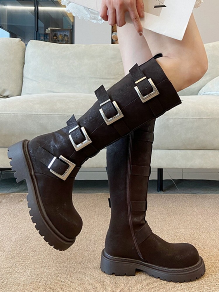 Fashion Women Multi Buckle Kne - Leather Work Boots 评论和价格