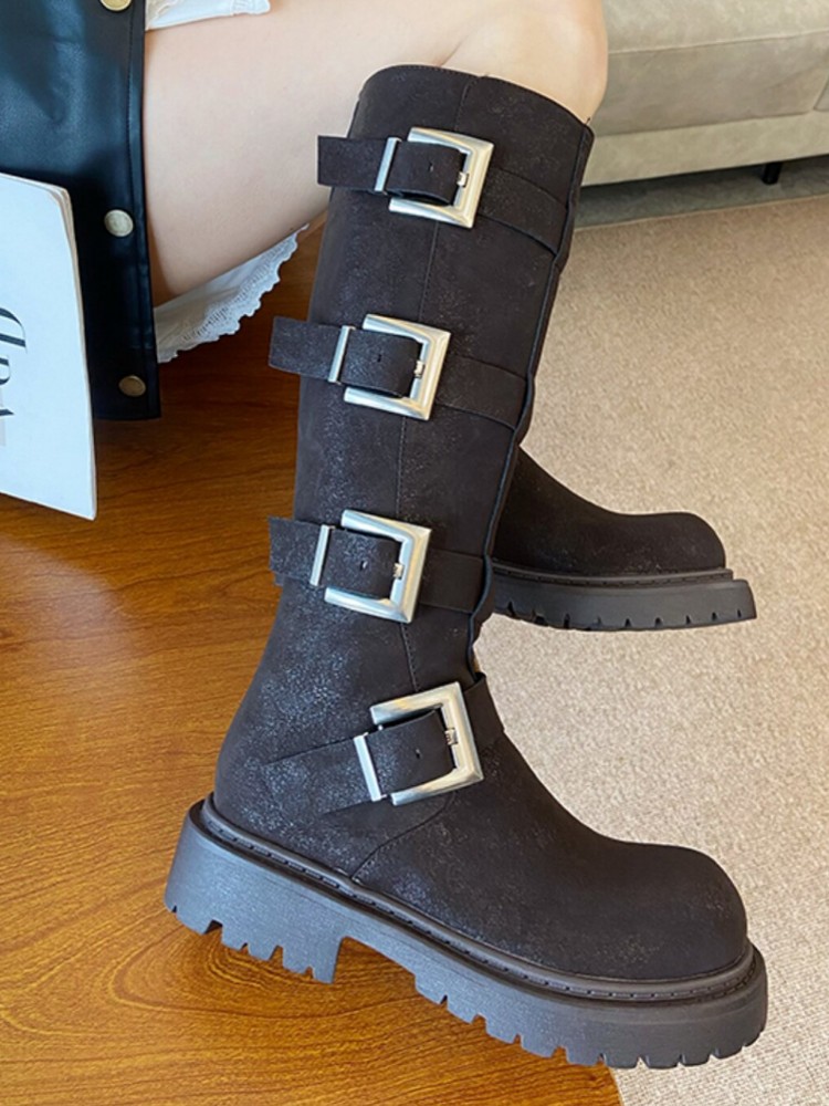 Fashion Women Multi Buckle Kne - Leather Work Boots 评论和价格