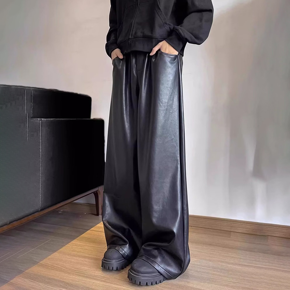 Men Retro Loose Faux Leather C - Leather Work Pants 评论和价格