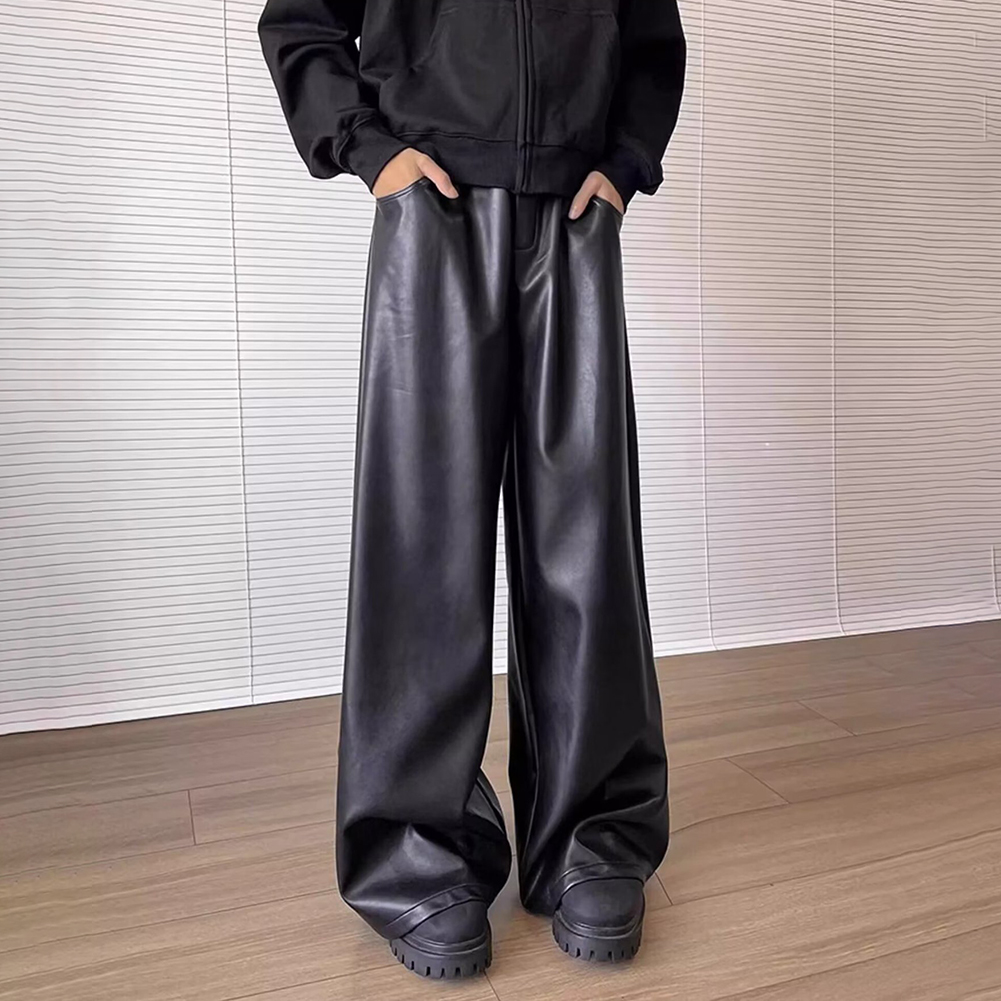 Men Retro Loose Faux Leather C - Leather Work Pants 评论和价格