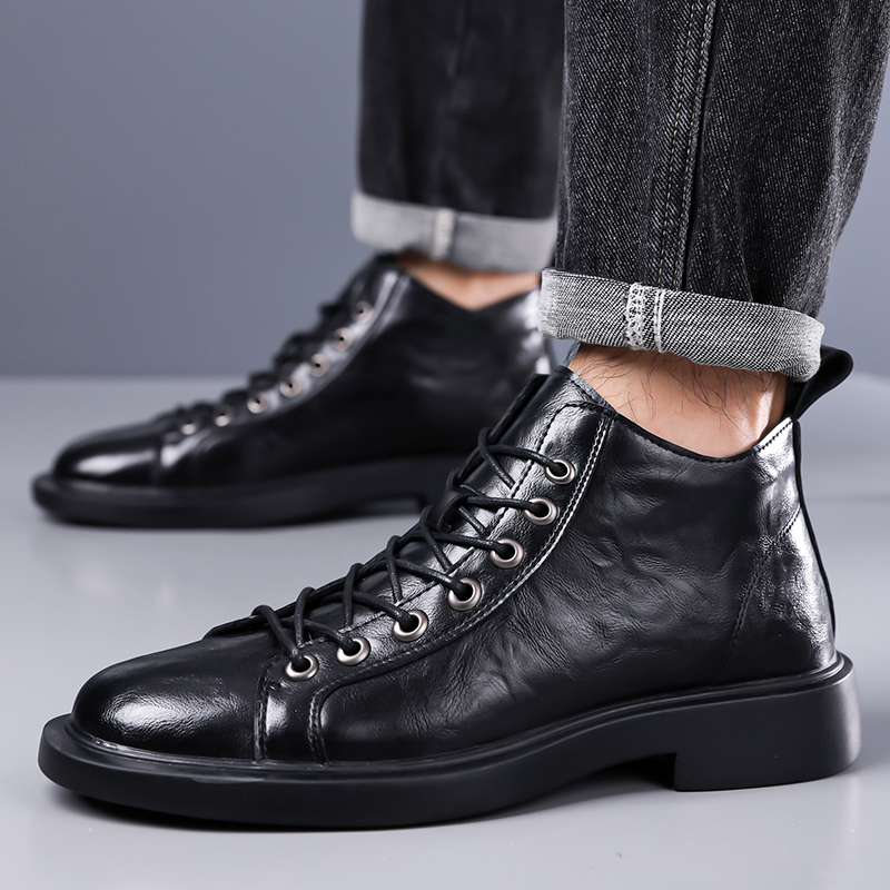 Men British Retro Mid-top Leat - Leather Work Boots 评论和价格