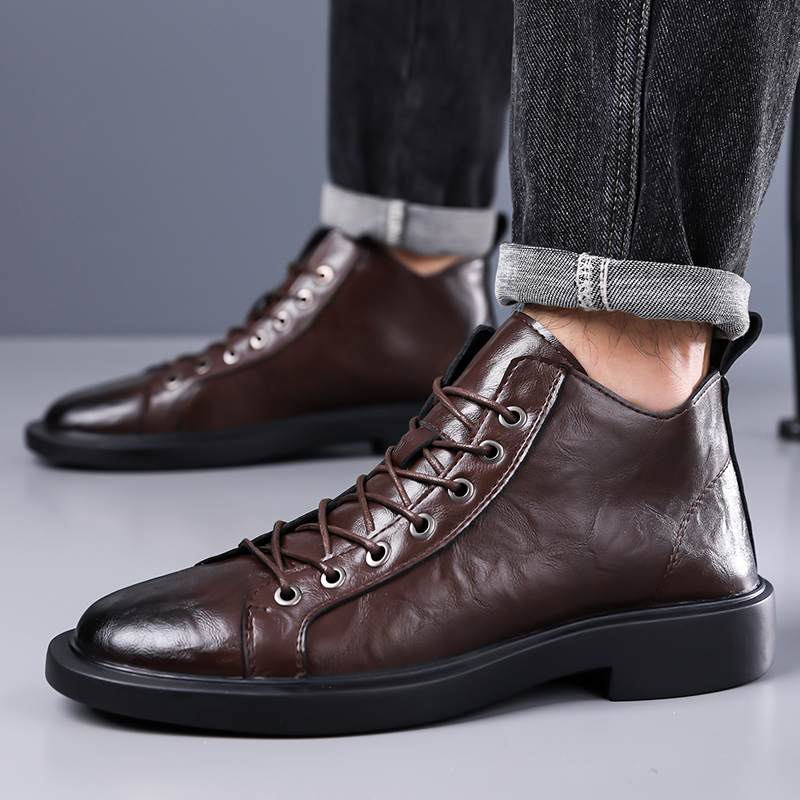 Men British Retro Mid-top Leat - Leather Work Boots 评论和价格