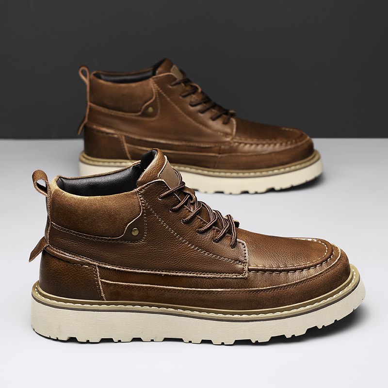 Men Brown Fleece Lined Warm Hi - Leather Work Boots 评论和价格