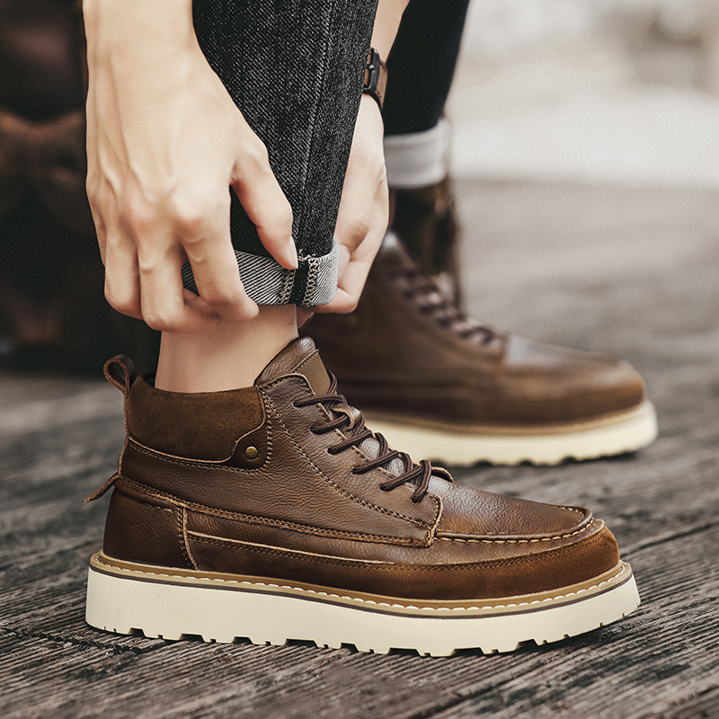 Men Brown Fleece Lined Warm Hi - Leather Work Boots 评论和价格